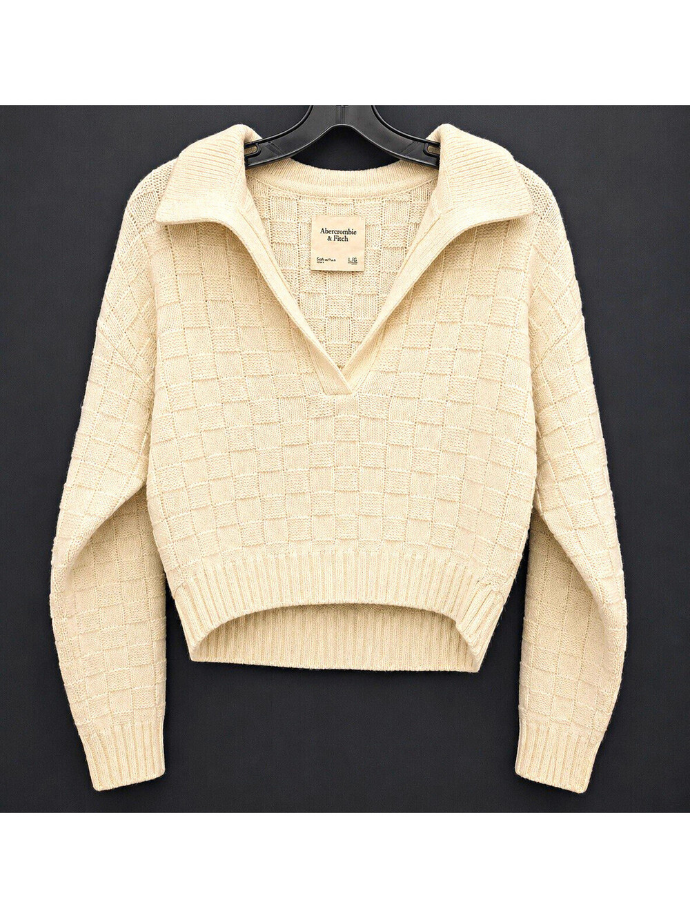 Abercrombie & Fitch Womens XS Cream Solid Knit Collared Long Sleeve Pullover